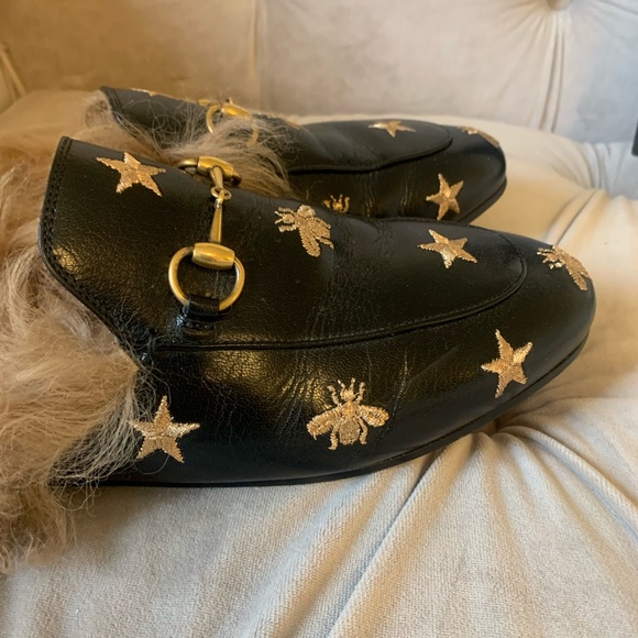 Gucci Princetown Leather Lambs Fur Bees and Stars Horsebit Loafers Flats 9 - Picture 3 of 9